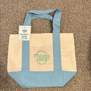 Trader Joe's Cream & Light Blue Canvas Tote Bag